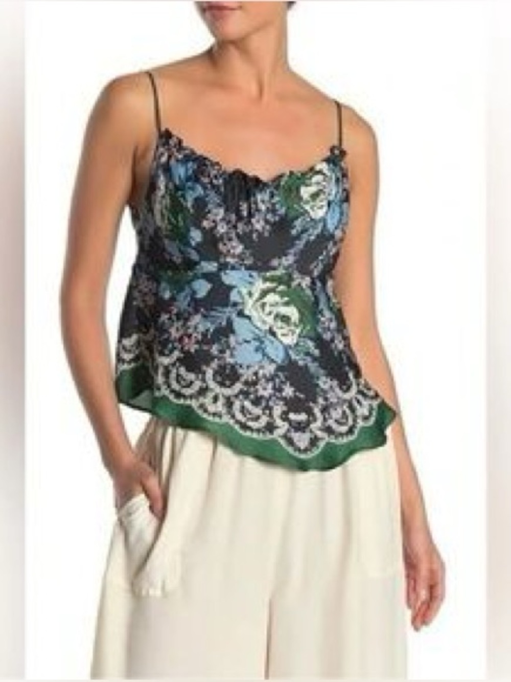 Free People Intimately Printed Ruffle-Neck Camisole Black Floral Top XS